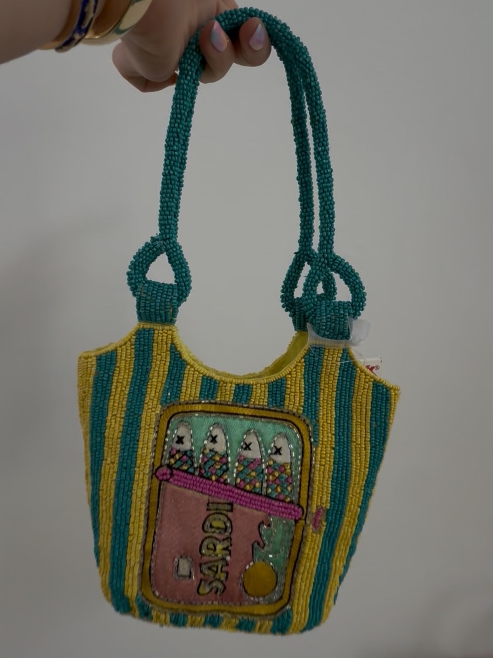 Beaded Stripe Tote Bag in Teal & Yellow - Small Handbag